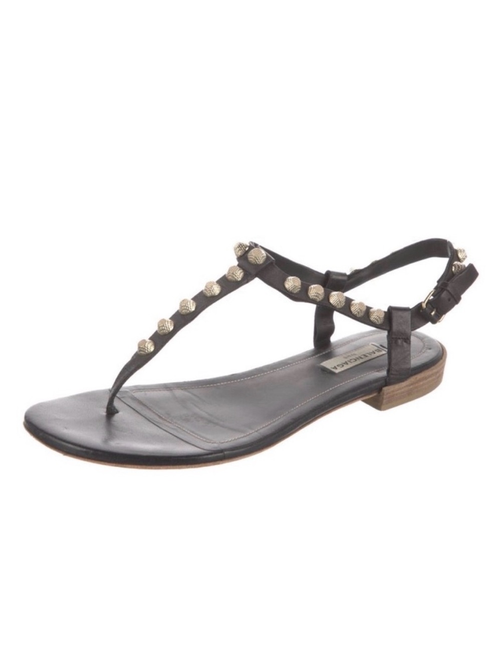 Balenciaga Gwen Studded Black Leather T-Strap Sandals with Iconic Gold Rivets